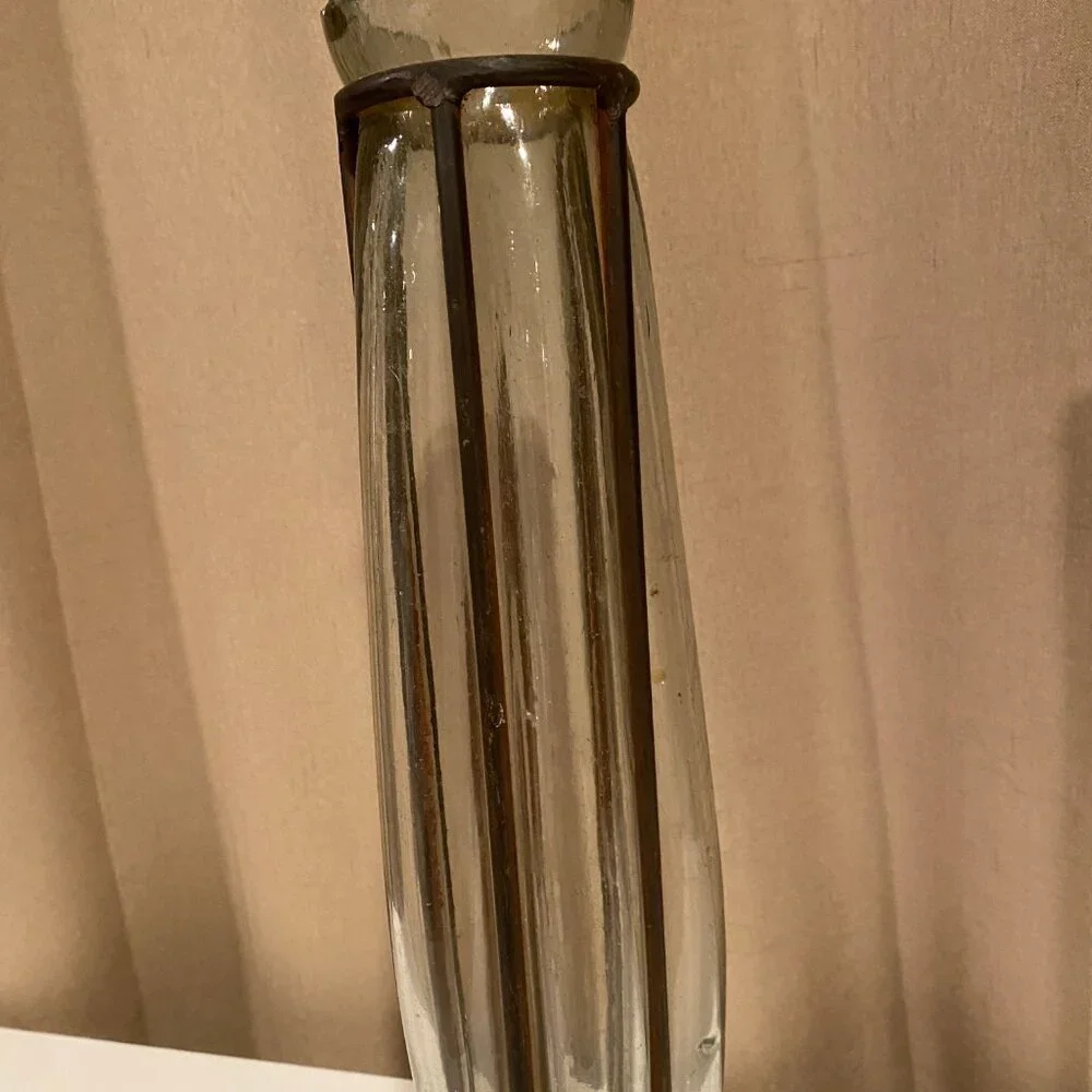 Rare Vintage Blown Glass Vase‎ in Wrought Iron Frame 17” Mid-Century Brutalist